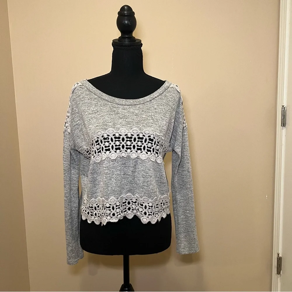 You Are Not Alone Women's Long Sleeve Gray Crop Top with White Trim. Size Medium